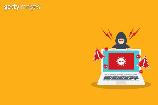 Hacker warning on laptop. Emergency alert of threat by hacker. Malware ...