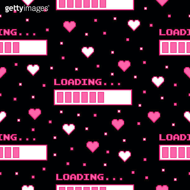 2000s Style Paper Seamless pattern in 2000s style with hearts and loading icon on a black ...