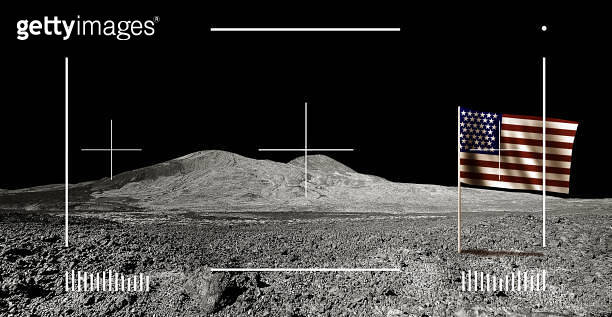 Flag Rover Viewfinder of Moon rover with Lunar Horizon Landscape and USA flag 이미지 ...
