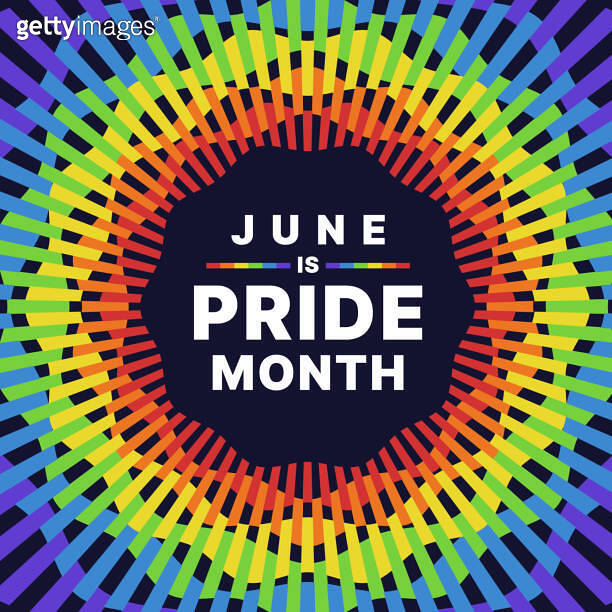 June is pride month text in circle frame with abstract modern radial