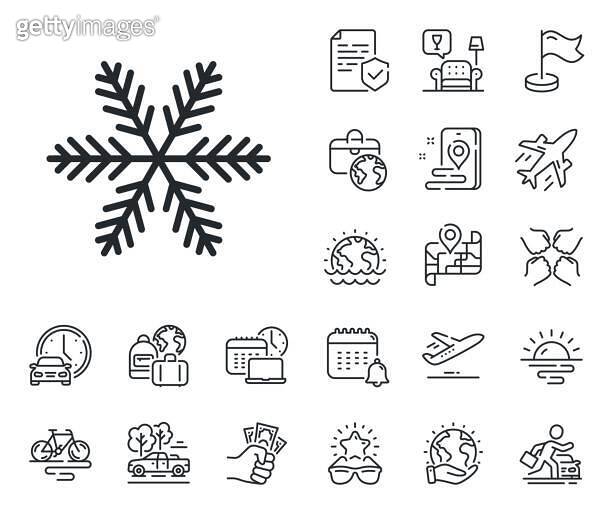 Snowflake line icon. Christmas snow sign. Plane jet, travel map and ...