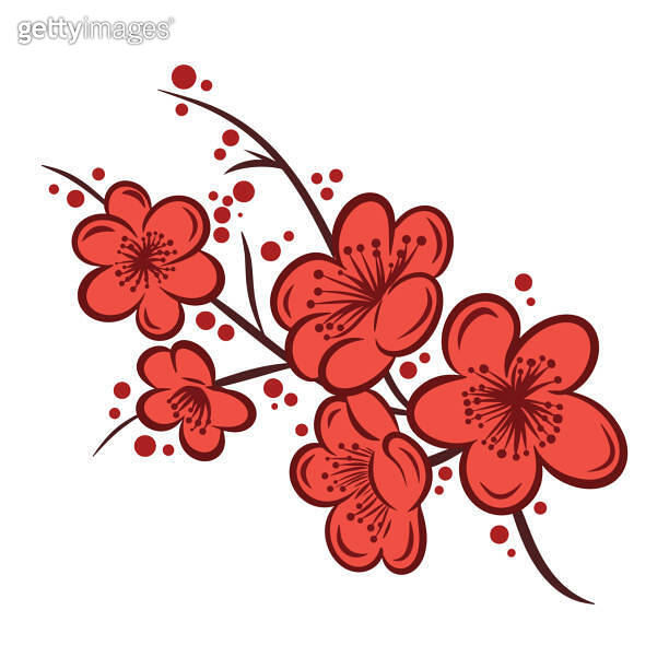 Asian sakura cherry blossom branch, minimalist simple flat vector ...