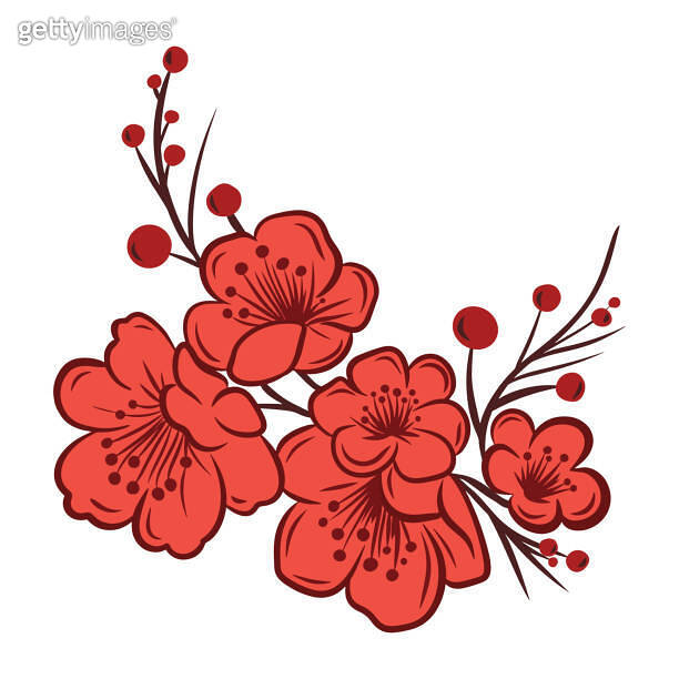 Asian sakura cherry blossom branch, minimalist simple flat vector ...