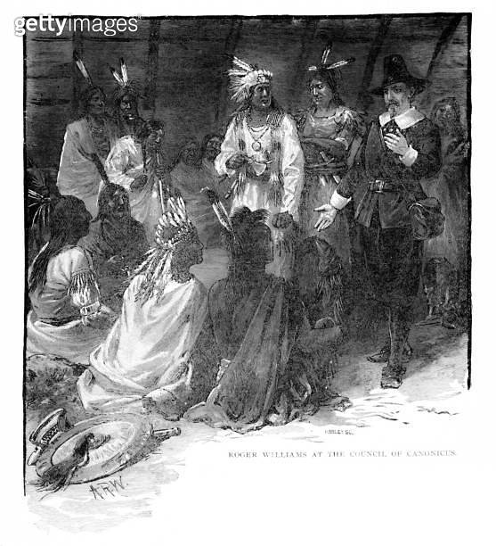 Roger Williams and Native Americans at Council of Canonicus, 17th ...