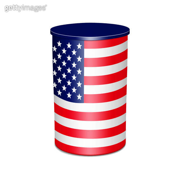 Round counter desk with USA flag design. US American flag decorated table stand. Realistic