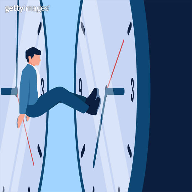 Time Between Something The man is sandwiched between two large clocks, a metaphor for time ...