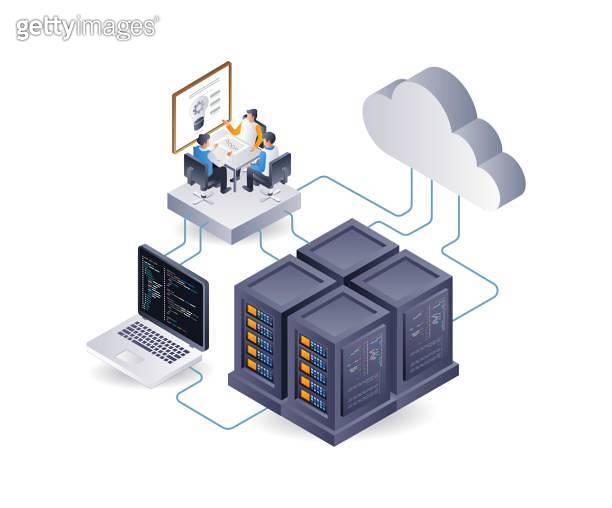Web server application system development team, flat isometric 3d ...