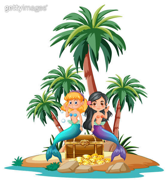 Two mermaids find a treasure chest on an island 이미지 (2158595233) - 게티이미지뱅크