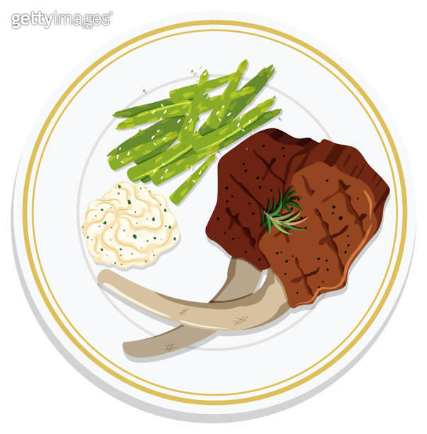 Lamb chops, asparagus, and mashed potatoes on plate 이미지 (2156891867