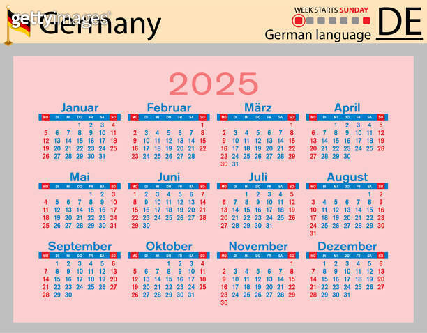 German horizontal pocket calendar for 2025. Week starts Sunday 이미지 ...