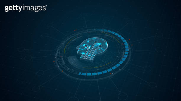 Blue digital robot head logo and 3D circle futuristic HUD elements with ...
