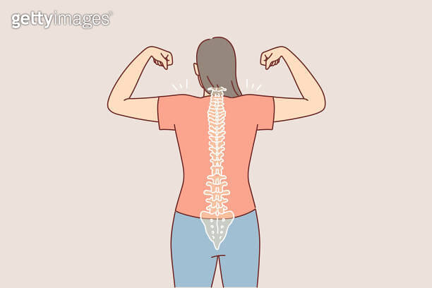 Posture Thanks Woman with good posture and straight spine shows biceps, standing with ...