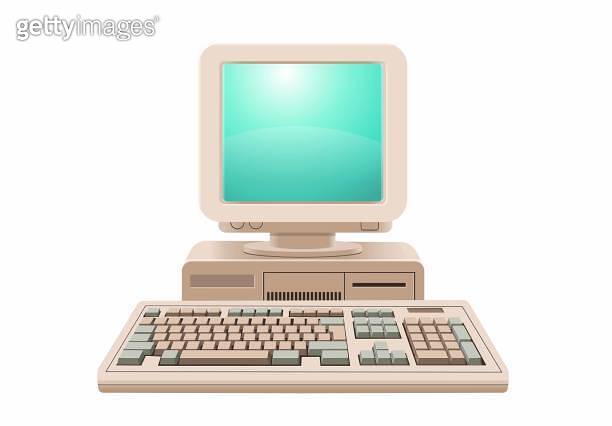 Retro computer with screen and keyboard. Computer 80-90s. Front faced ...