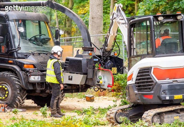 Arborists using wood chipper machines for shredding trees and branches ...