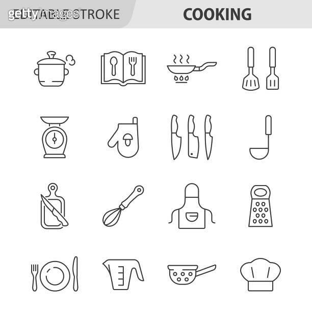 Cooking line icon set. Vector collection with pan, scales, cookbook