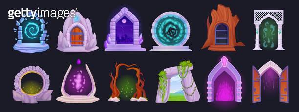 Cartoon magic gate. Game magical doors, mysterious forest entrance ...