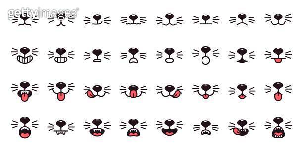 Cats mouth emotions. Cat happiness pet faces with hanging tongue nose moustache, animals kitten ...
