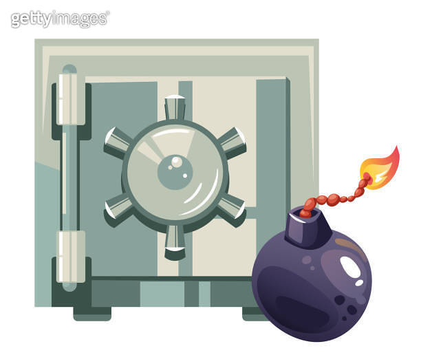 Bomb in bank safe room robbery safety storage concept. Vector flat ...