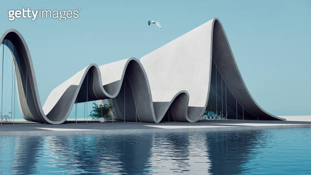 Curvilinear architecture on calm waters. 3D rendering of wave-inspired ...