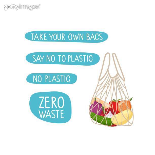 Flat vector grocery mesh bag. Eco Bag inscription and Environmental slogans. Reusable shopping