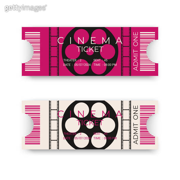 Two cinema tickets with barcode. Realistic style front view. Design