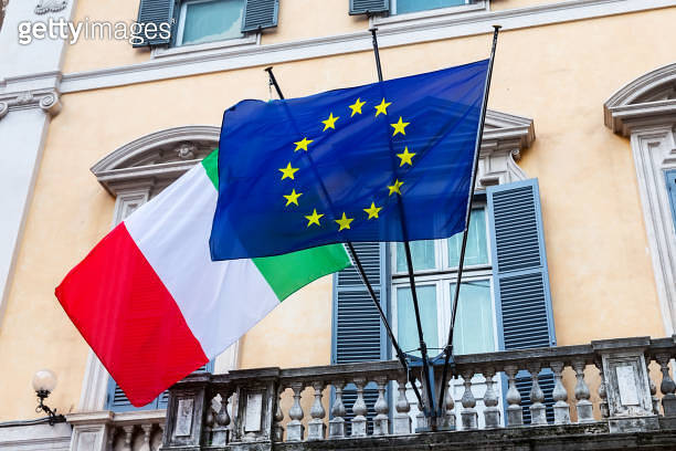Italian Union Italian and European union flags at building in Rome, Italy ...