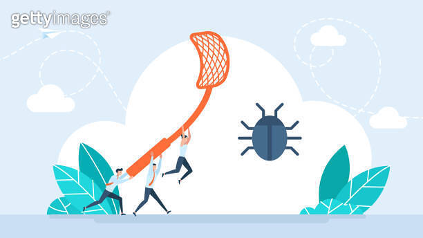 Teamwork Bug Mobile application testers. Software tester concept. Finding and ...