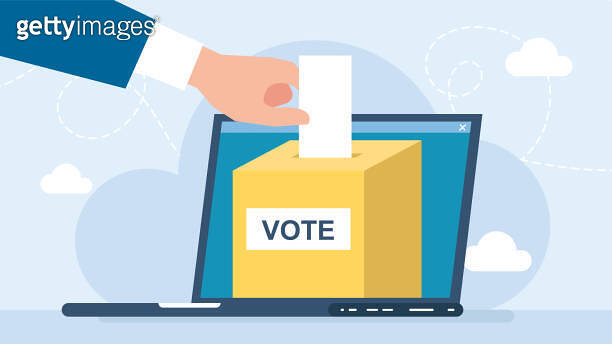 Businessman hand putting voting paper into ballot box that come out ...