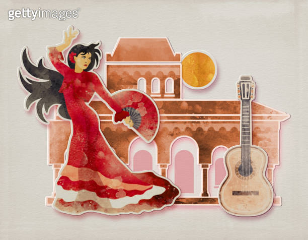 Beautiful woman dancing flamenco in traditional clothing with guitar ...