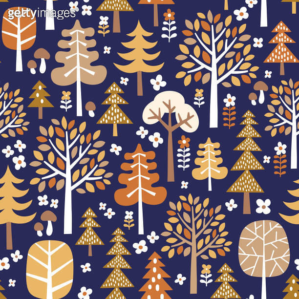 Seamless vector pattern with hand drawn trees. Scandinavian woodland ...