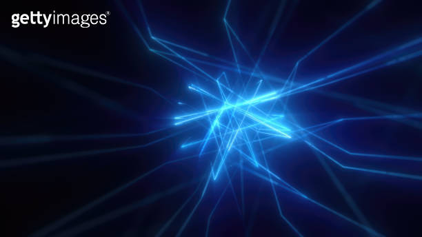 Abstract bright blue glowing background with flying neon star lines ...