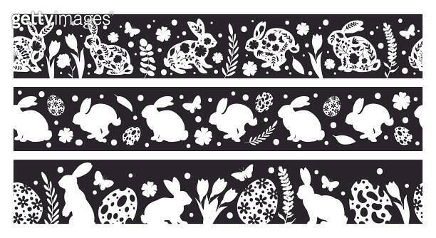 Easter rabbits dividers. Cute bunny seamless frame borders with Easter ...