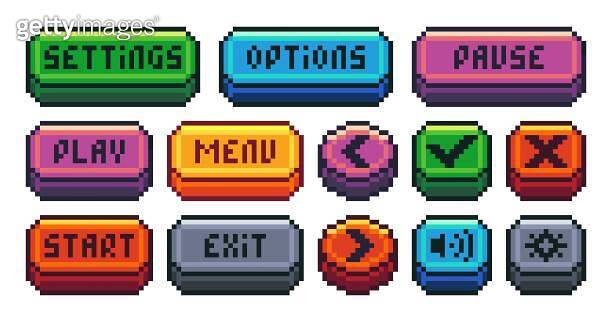 Interface menu pixel buttons. Retro video game UI navigation panel, 8 ...