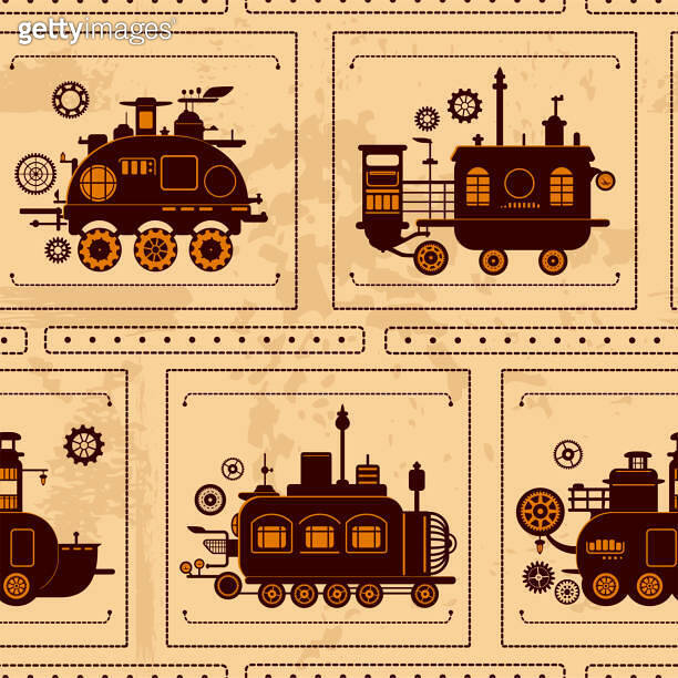 Seamless pattern with steam engine machines. Tiling pattern with ...