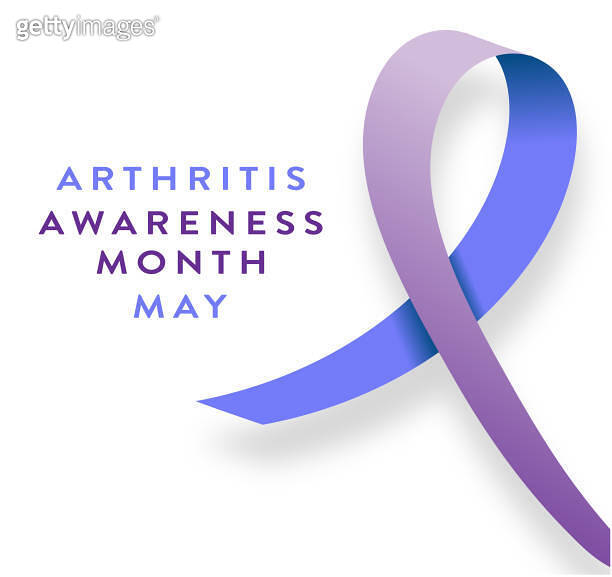 Arthritis Awareness Month May with purple and blue ribbon web banner