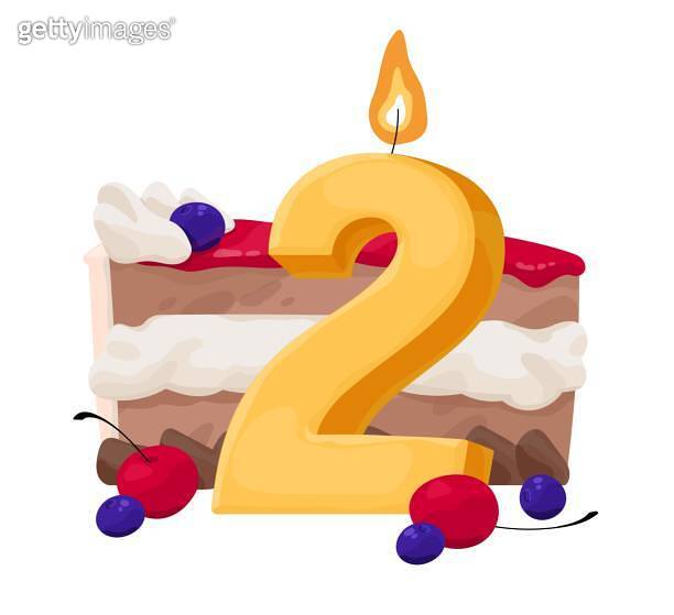 Birthday candle 2 years with party cake composition. Second bday