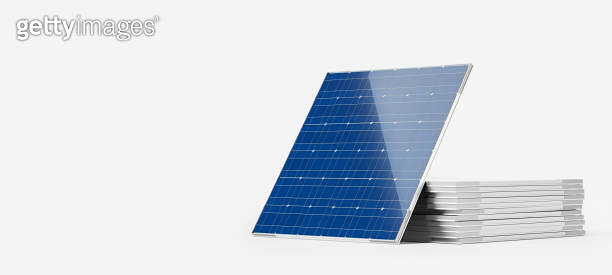 A single blue solar panel leaning on a stack of metal sheets, isolated ...