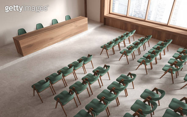 Top view of press room interior with table and chairs, panoramic window ...