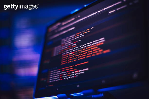 Running Computer data programming. Coding script text on screen ...