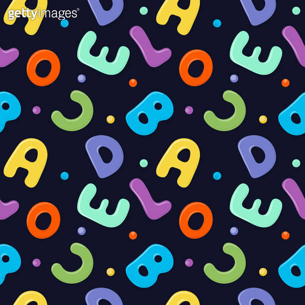 Seamless pattern with a pattern of bright letters and dots on a blue ...