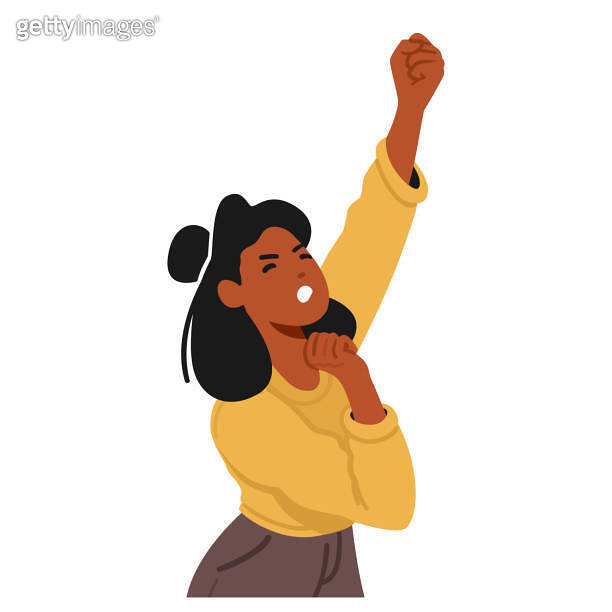 Energetic Woman Wearing Yellow And Black Clothing Raises Her Fists In