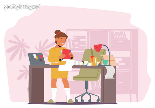 Child Tidies Up Messy Room, Happily Organizing Books And Cleaning The ...