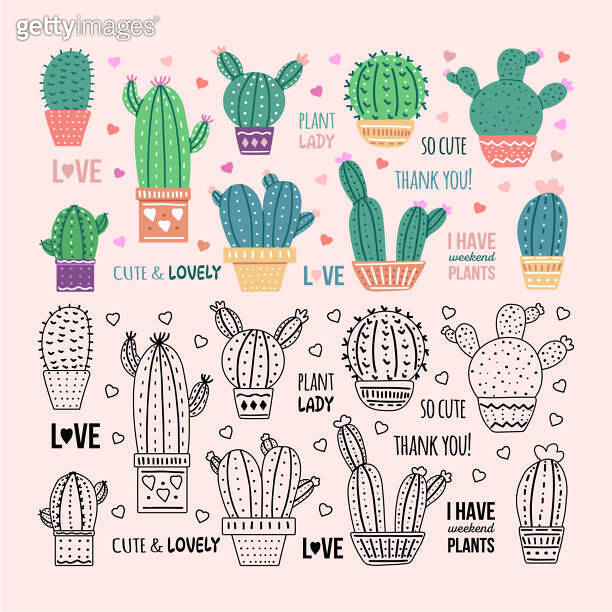 Hand-drawn vector cacti set with calligraphy, lettering. Outline doodle ...