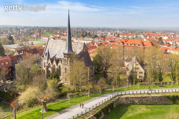 Aerial view of the historic St. Petri church in Muhlhausen 이미지