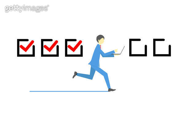 Running business man with PC and check marks 이미지 (2157414146) - 게티이미지뱅크