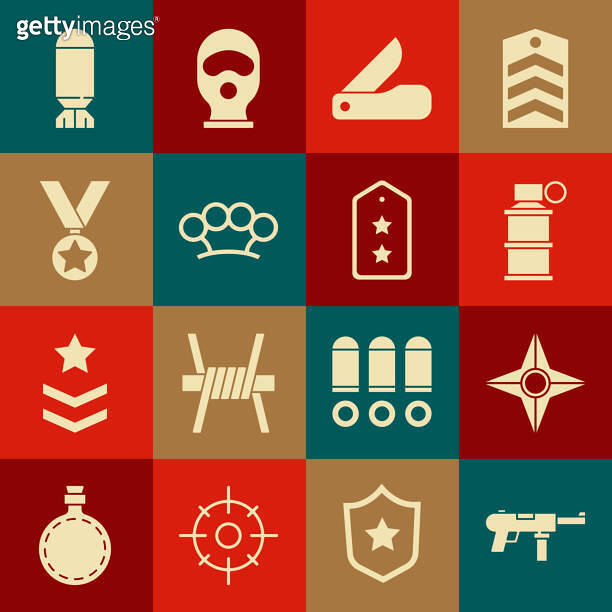 Gun Ranks Icon Ideas Set Submachine gun M3, Japanese ninja shuriken, Hand smoke grenade ...