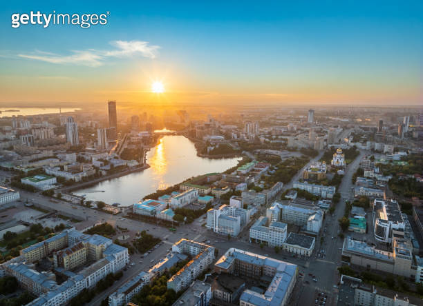 Yekaterinburg city and pond aerial panoramic view at summer sunset ...