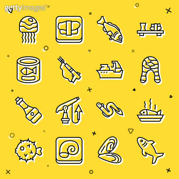 Set line Shark, Served fish on plate, Fish steak, Fishing harpoon