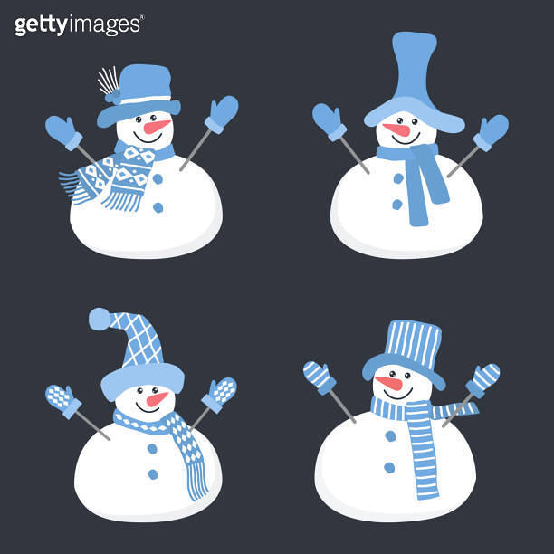 Cute snowmen. Set. Four different snowmen in beautiful blue winter