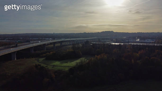 Aerial view of Runcorn Central Expressway road leading onto Mersey ...